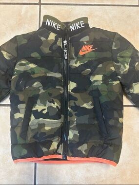Nike Black Camouflage Puffer Jacket with Orange Trim